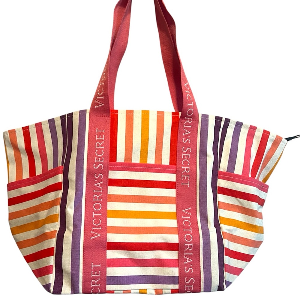 Victoria's Secret Logo Large Striped Weekender Tote Beach Bag NWT